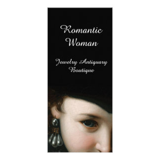 TARJETA PUBLICITARIA MUJER ROMÁNTICA, JOYAS ANTIGUAS Y MONOGRAMA DE PER