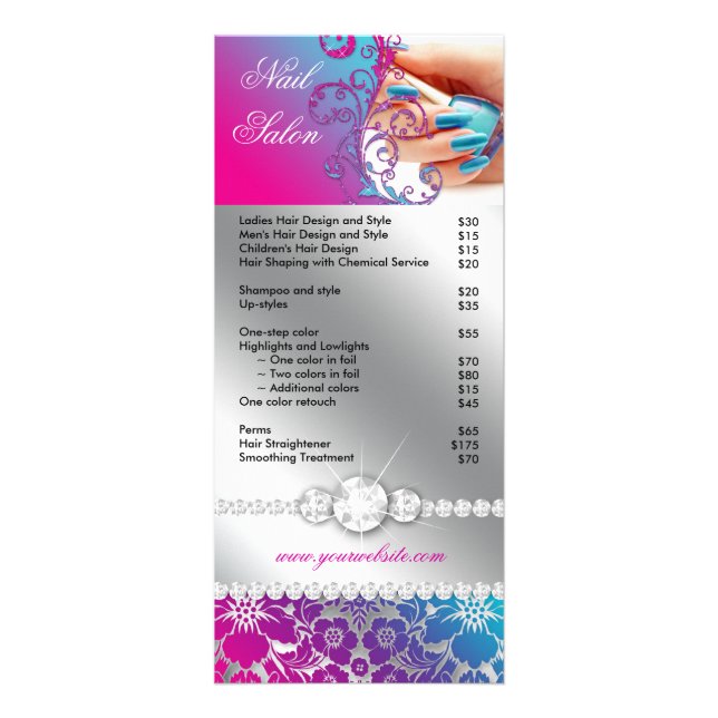 Tarjeta Publicitaria Nail Salon Technist Floral Damask Pink Blue (Frente)
