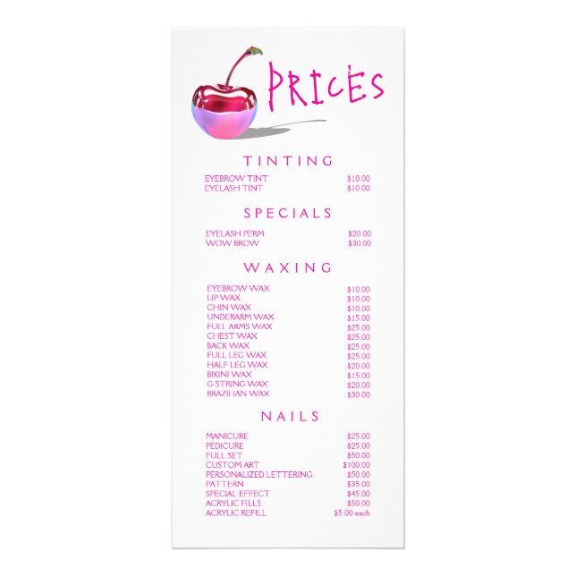 Tarjeta Publicitaria Neon Cherry Beautician Beauty Service Price List (Frente)
