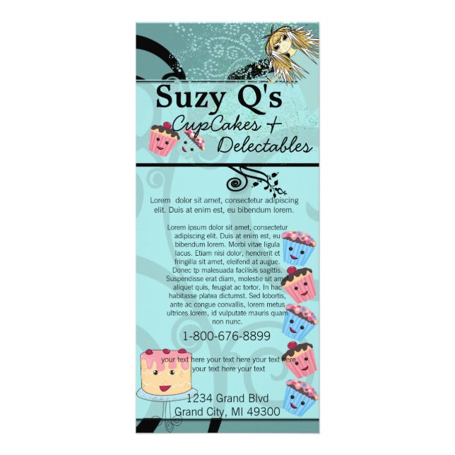Tarjeta Publicitaria Panadería Cupakes Aqua Blue Swift Rack Card (Frente)
