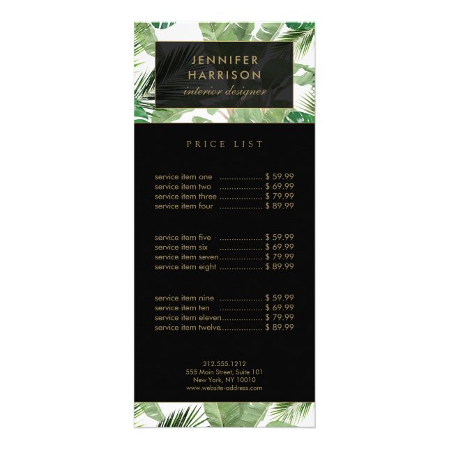 Tarjeta Publicitaria Patrón de Hojas Tropicales en Acuarela Negro/Blanc (Frente)