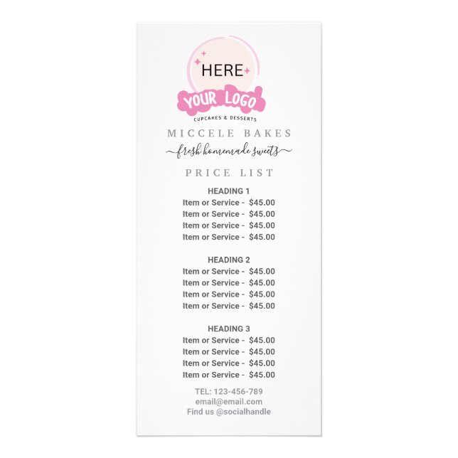 Tarjeta Publicitaria Pink Añadir su logo Precio de servicio de panaderí (Frente)