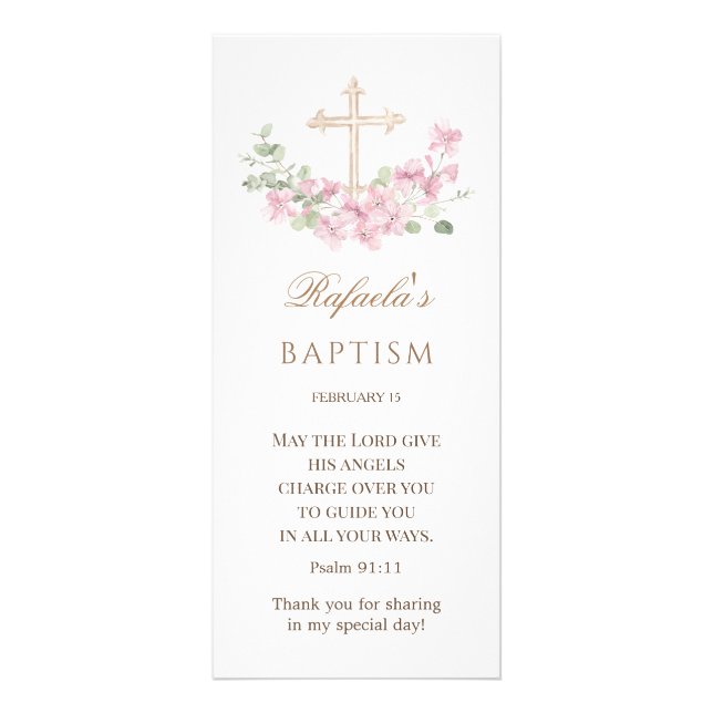 Tarjeta Publicitaria Pink Floral Cross Girl Baptism (Frente)