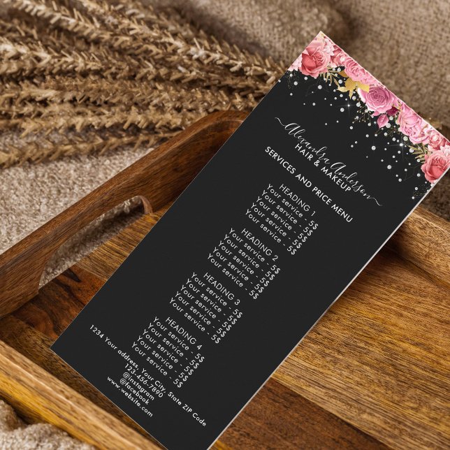 Tarjeta Publicitaria Precio de Diamantes Brillantes Florales Negro Mode (Modern Black Pink Floral Diamonds Glitter Price Rack Card)