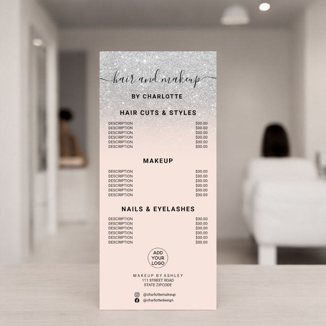Tarjeta Publicitaria Precio de maquillaje de pelo de caligrafía purpuri (Silver glitter calligraphy hair makeup price rack card)