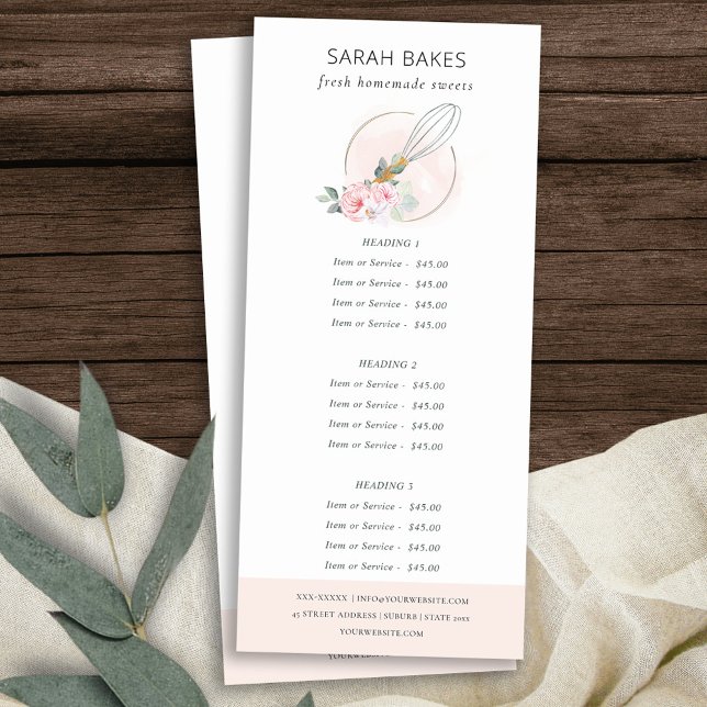 Tarjeta Publicitaria Precio del servicio de panadería floral Rubor Pink (Subido por el creador)