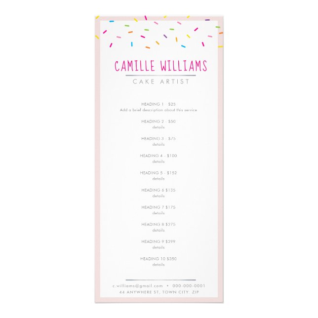 Tarjeta Publicitaria PRECIO LIST pasteles de panadería lindo salpicadur (Frente)