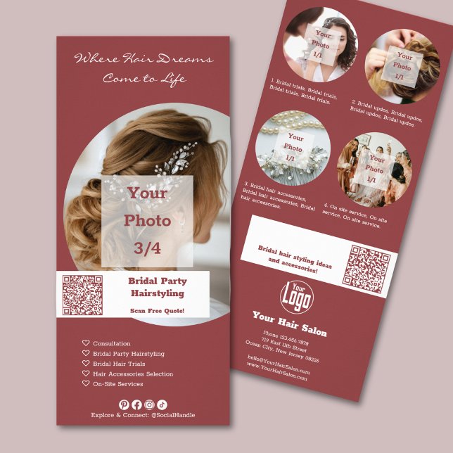 Tarjeta Publicitaria Promoción Salón de Cabello para Fiestas de Novia E (Promotion Hair Salon Bridal Party Hairstyling Rack Card)