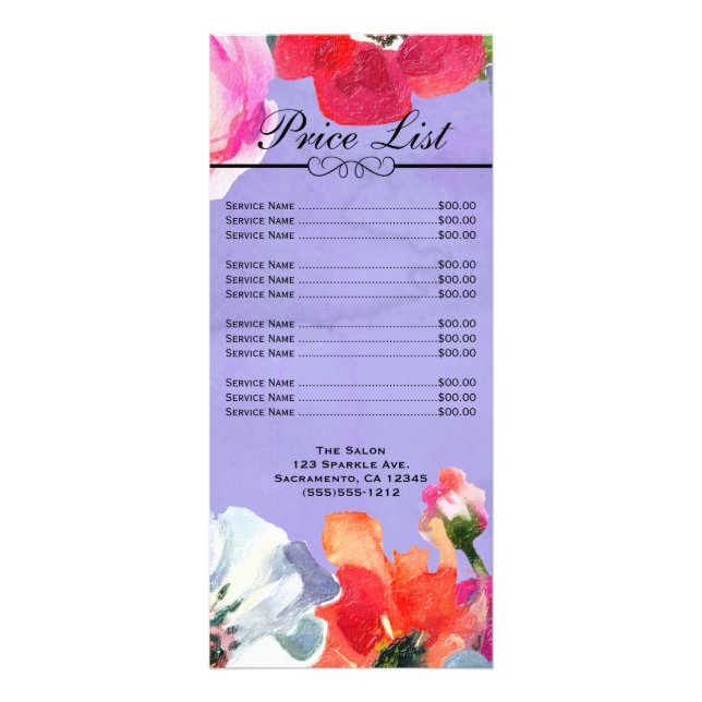 Tarjeta Publicitaria Purple Bold Pintado Floral Pop Beauty Salon Precio (Frente)