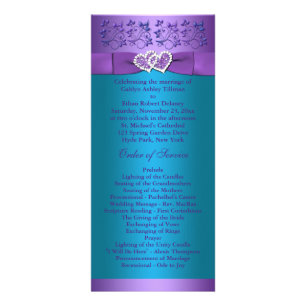 Tarjeta Publicitaria Púrpura, Turquesa Floral Hearts Wedding Program 2