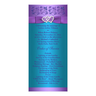 Tarjeta Publicitaria Púrpura, Turquesa Floral Hearts Wedding Program 2
