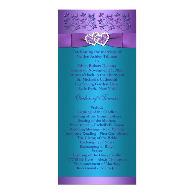 Tarjeta Publicitaria Púrpura, Turquesa Floral Hearts Wedding Program 2 (Frente)