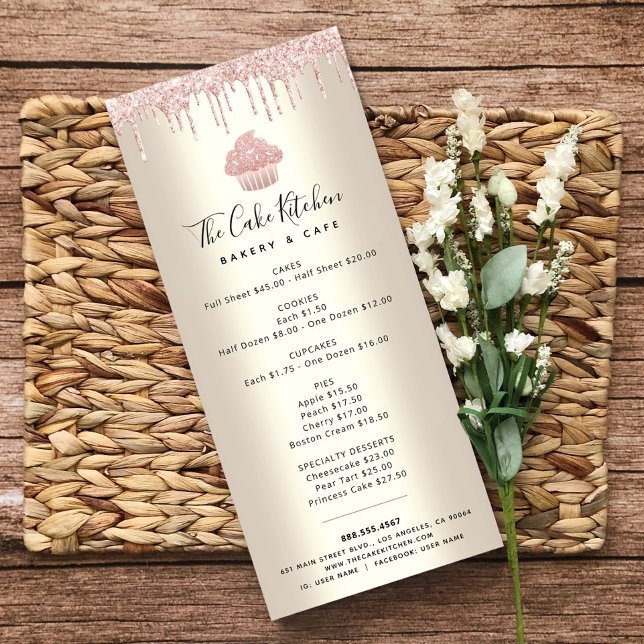 Tarjeta Publicitaria Purpurina Rosa Panadería Pastel de Oro Pastel de C (Subido por el creador)