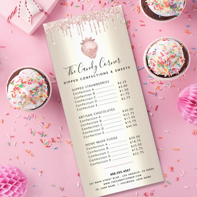 Tarjeta Publicitaria Purpurina rosado gotea postre de chocolate con men (Subido por el creador)