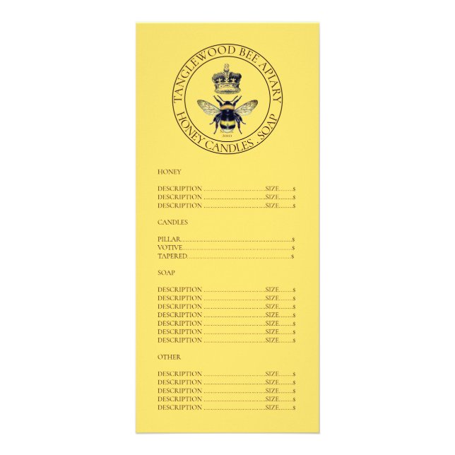 Tarjeta Publicitaria Queen Bee Apiary Honey Products (Frente)