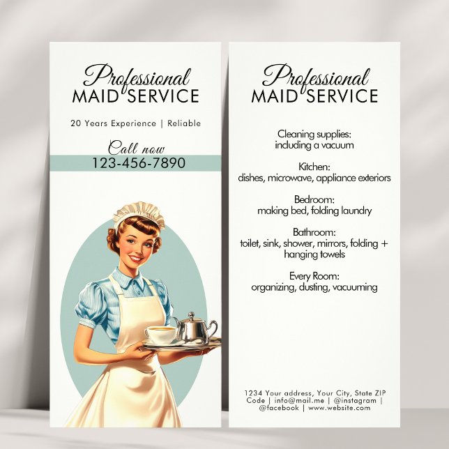 Tarjeta Publicitaria Retro del Servicio Profesional de Casas de las Cas (Professional Maid Housekeeping Service Retro Rack Card)