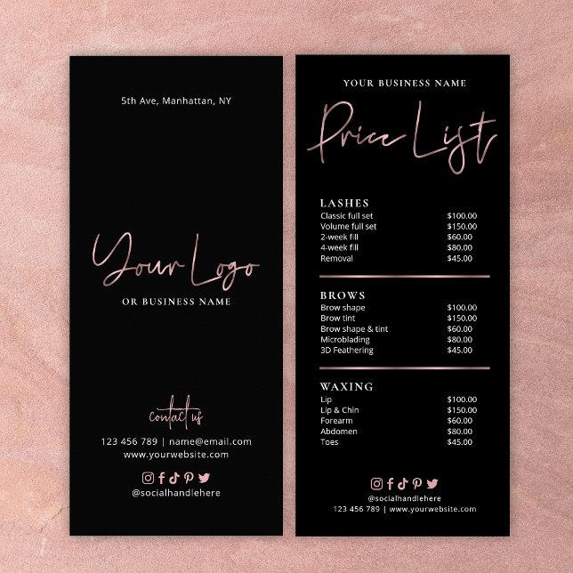 Tarjeta Publicitaria Rosa Gold Black Beauty Price List of Services (Subido por el creador)