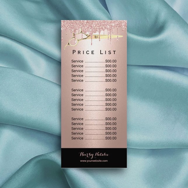 Tarjeta Publicitaria Rosa Gold Purpurina Drips Hair Salon Price List (Subido por el creador)