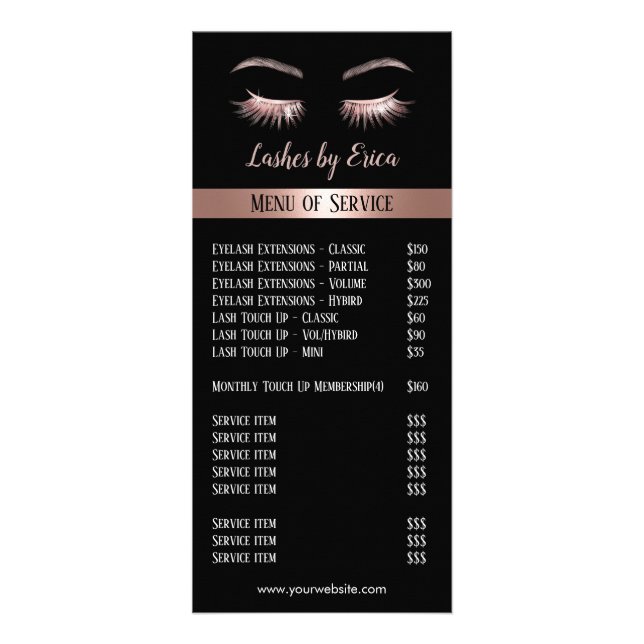 Tarjeta Publicitaria Rosa Oro Extensiones Eyelash Precio de Salón de Be (Frente)