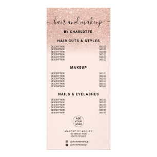 Tarjeta Publicitaria Rose gold glitter calligraphy hair makeup price