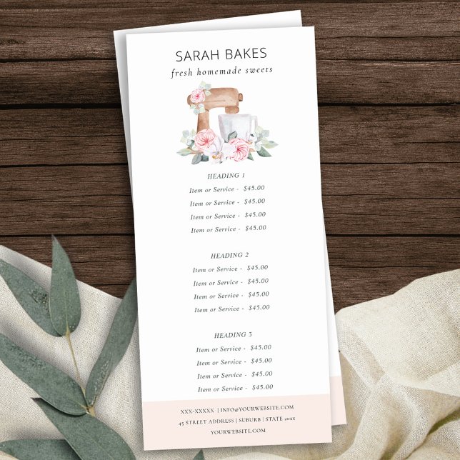 Tarjeta Publicitaria Rubor Pink Cake Mixer Floral Bakery Service Precio (Subido por el creador)