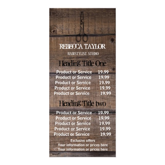 Tarjeta Publicitaria Rustic Wood Scissor Salon Precios y Servicio (Frente)