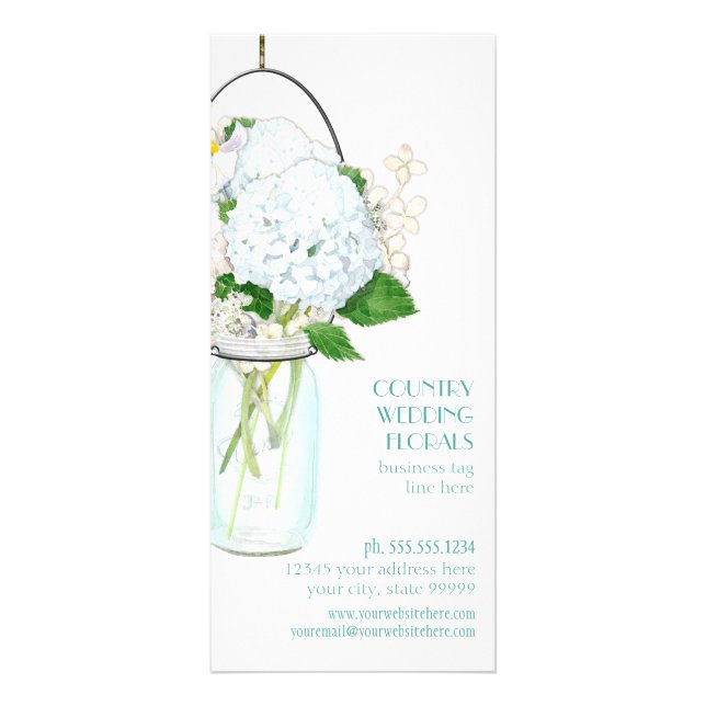 Tarjeta Publicitaria Rústico País Mason Jar Flores Hidráneas Blancas (Frente)