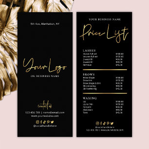 Tarjeta Publicitaria Salon Black & Faux Gold Logotipo Lista de precios