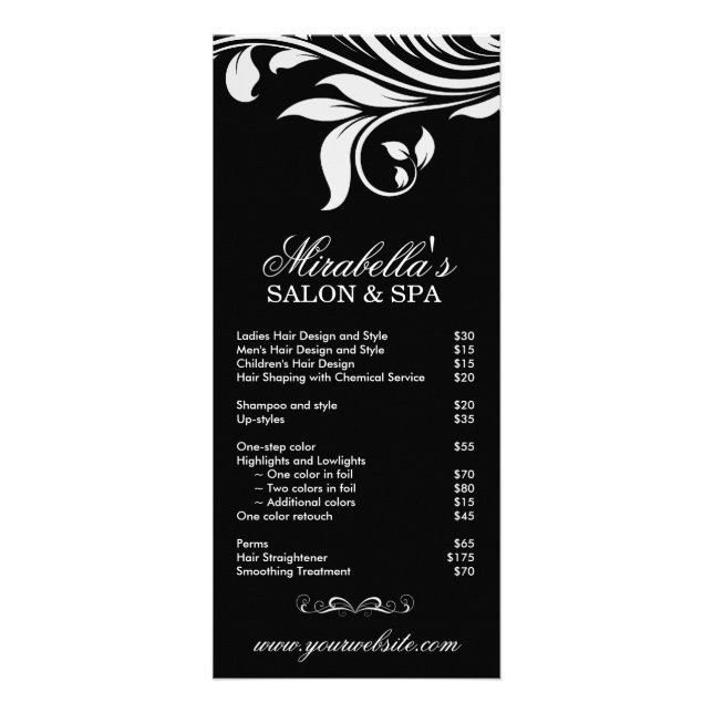 Tarjeta Publicitaria Salon Rack Card Spa Leaf Floral Negro Blanco (Frente)