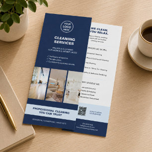 Tarjeta Publicitaria Servicios de limpieza modernos en azul con QR 