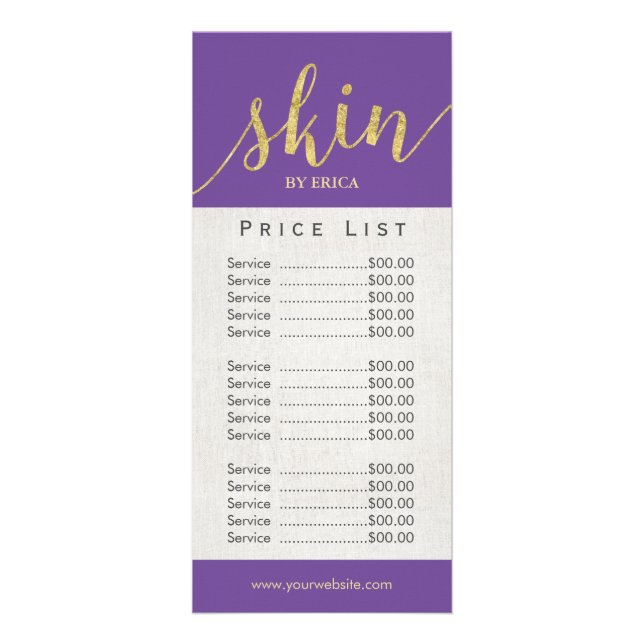 Tarjeta Publicitaria Skincare Salon Spa Estheticist Purple Price List (Frente)