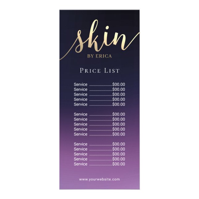 Tarjeta Publicitaria Skincare Salon Spa Estheticist Purple Price List (Frente)