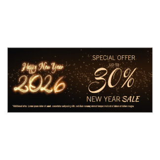 Tarjeta Publicitaria Sparkling Happy New Year 2026 Fireworks Discount