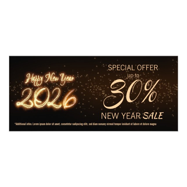 Tarjeta Publicitaria Sparkling Happy New Year 2026 Fireworks Discount (Frente)