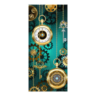 Tarjeta Publicitaria Steampunk Jewelry Watch sobre un fondo verde