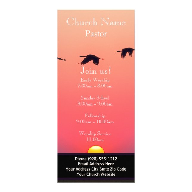 Tarjeta Publicitaria Sunset Birds Church Rack Card, Únase a los Servici (Frente)