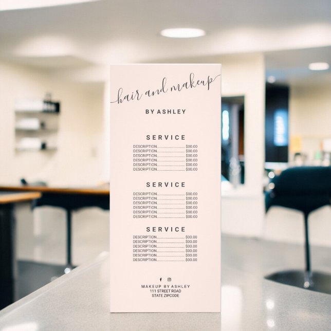 Tarjeta Publicitaria tipografía elegante maquillaje de pelo rosa de mod (elegant typography trendy blush pink hair makeup rack card)