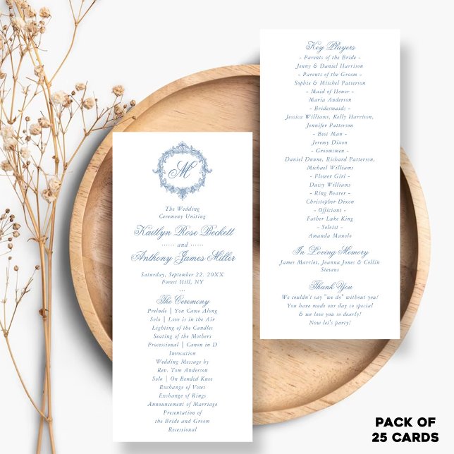 Tarjeta Publicitaria Vintage Blue Toile Monogram Wedding Programs (Subido por el creador)