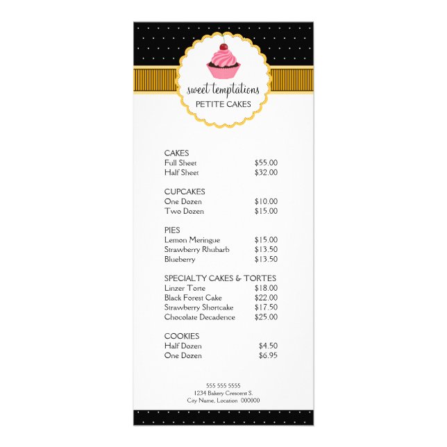 Tarjeta Publicitaria Whimsical Bakery Cupcake Yellow Price List (Frente)