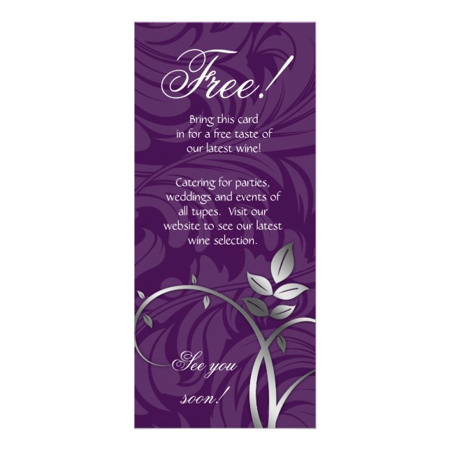 Tarjeta Publicitaria Wine Leaf Swirl Vine Purple Silver (Frente)
