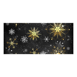Tarjeta Publicitaria Xmas copos de nieve dorados sobre fondo negro