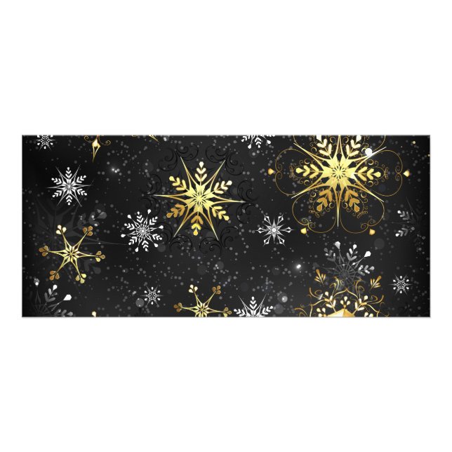 Tarjeta Publicitaria Xmas copos de nieve dorados sobre fondo negro (Frente)