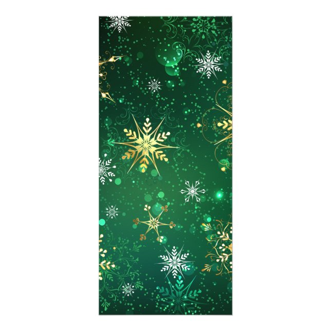 Tarjeta Publicitaria Xmas copos de nieve dorados sobre fondo verde (Frente)
