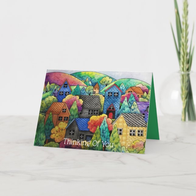 Tarjeta Pueblo Acuarela De La Colina Con Casas Coloridas (Anverso)