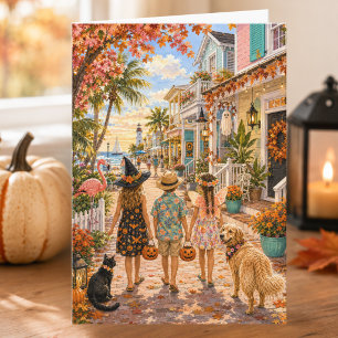 Tarjeta Pueblo Costero de Playa Feliz Halloween