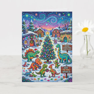 Tarjeta Pueblo de dinosaurios Navideño Caprichoso