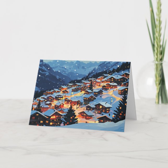 Tarjeta Pueblo de la montaña nevada en los Navidades (Anverso)