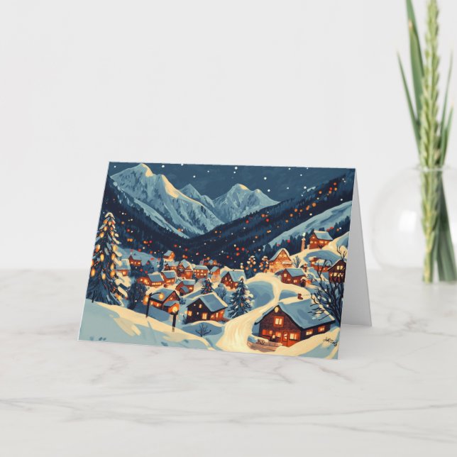 Tarjeta Pueblo de montaña con luces festivas (Anverso)