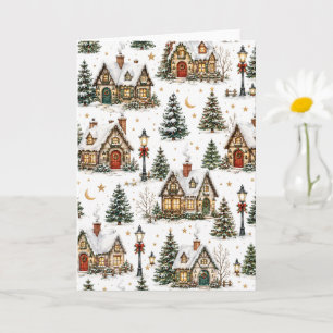 Tarjeta Pueblo navideño acogedor cabañas nevadas