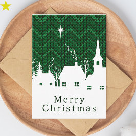 Tarjeta Pueblo navideño de punto Chevron Verde Rústico